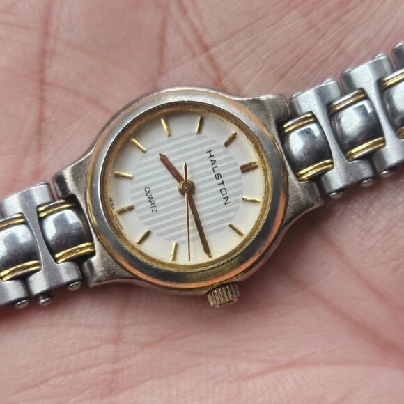 Vintage Halston Ladies Wristwatch Silver Gold Dual Tone Quartz Wrist Watch - Picture 2 of 12